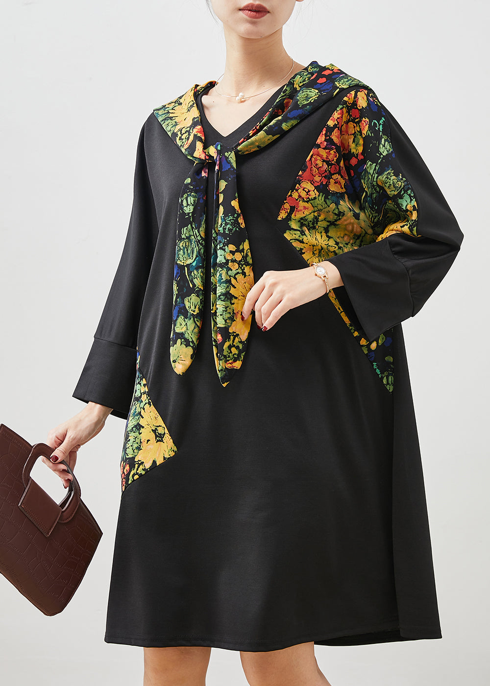 Black Hooded Patchwork Cotton Dress Spring