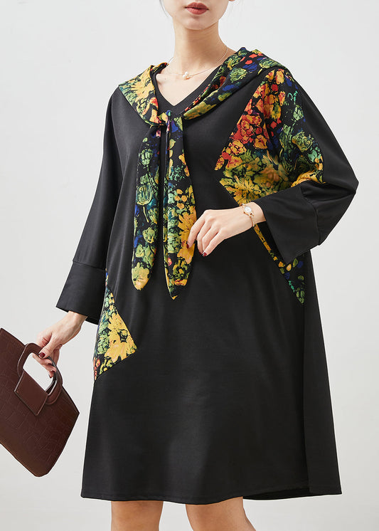 Black Hooded Patchwork Cotton Dress Spring
