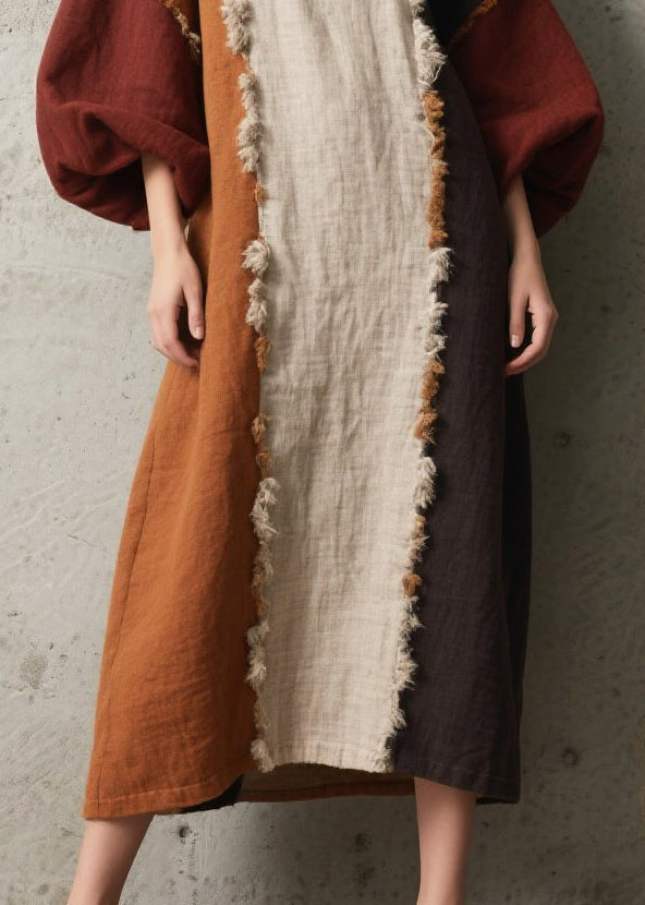 Colorblock Asymmetrical Patchwork Faux Fur Dress Lantern Sleeve
