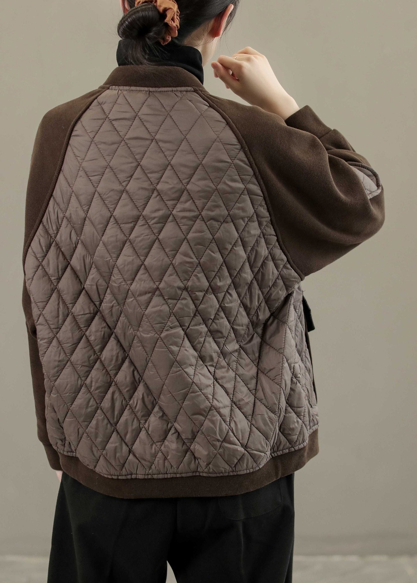 French Coffee O-neck Patchwork Button Thick Coats Long Sleeve