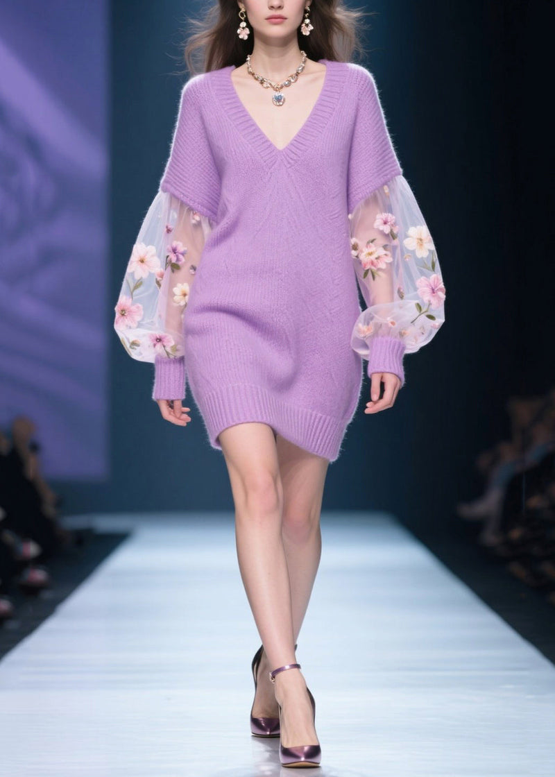 Purple V Neck Patchwork Tulle Knit Sweater Dress Winter