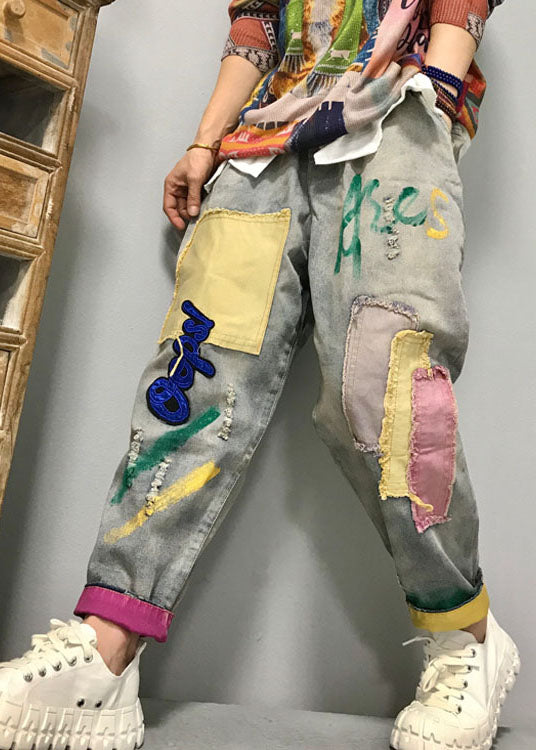 Light Blue Patch Applique Denim Pants Spring