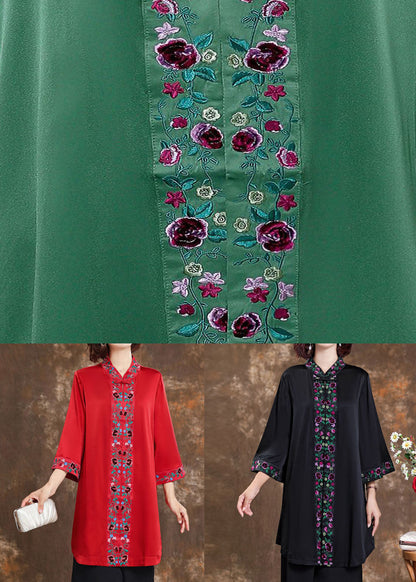Simple Black Stand Collar Patchwork Embroidery Silk Top Spring