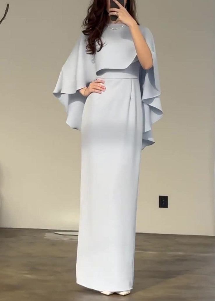 Slim Fit Light Blue Silk Shawl Waist Cinched Dress Summer