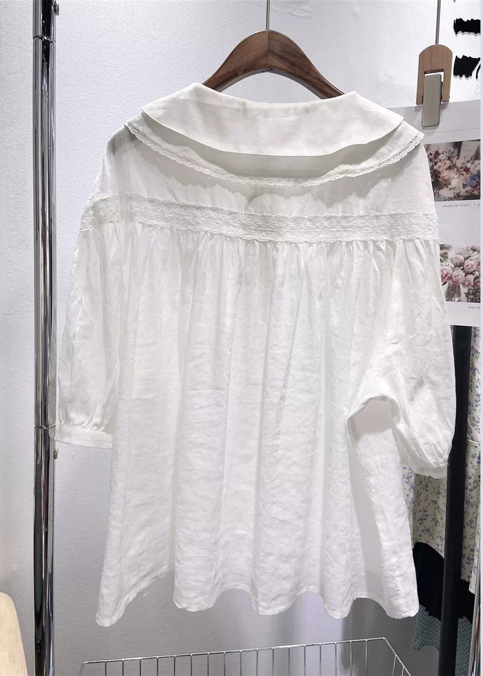 White Peter Pan Collar Lace Cotton Blouses Half Sleeve