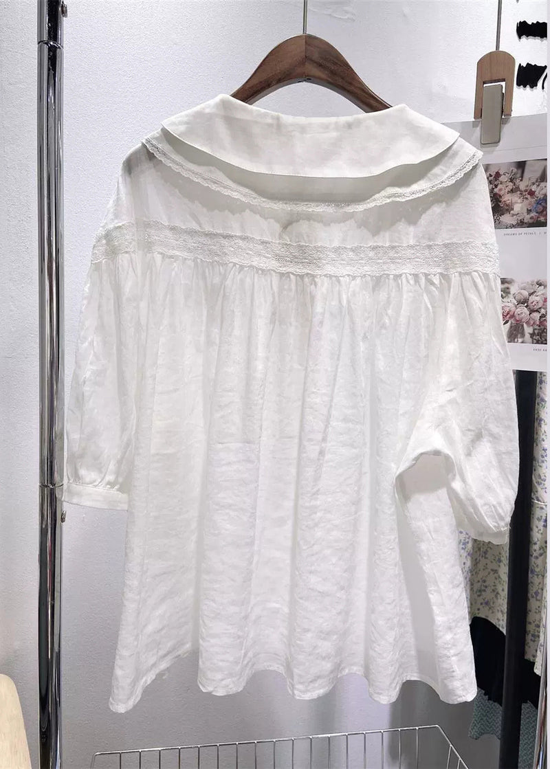 White Peter Pan Collar Lace Cotton Blouses Half Sleeve