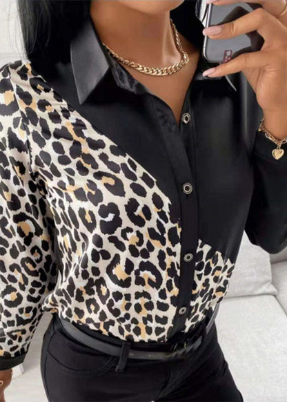 Black Peter Pan Collar Patchwork Leopard Print Silk Shirts Long Sleeve