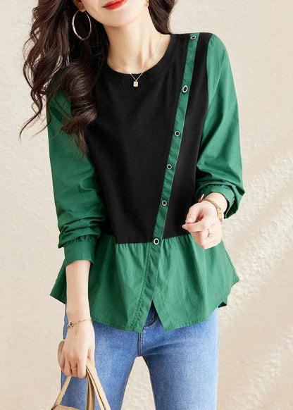 Green O-neck Asymmetrical Patchwork Wrinkled Top Long Sleeve