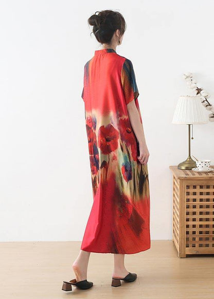 Fine Red Print Short Sleeve Holiday Summer Chiffon Dress