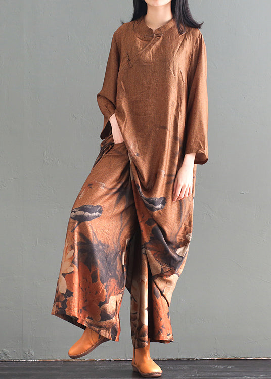 Khaki Print Chinese Button Silk Two Piece Set Clothing Fall
