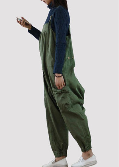 Handmade Green Pockets Button Spring Cotton Romper Outfit