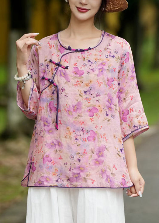 Khaki Button Print Linen Blouse Bracelet Sleeve