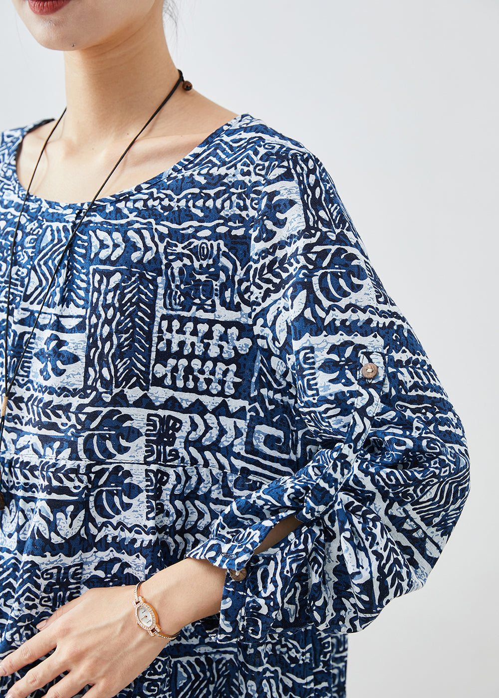 Navy Oversized Print Linen Dress Fall