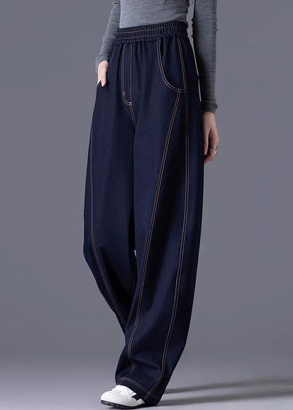 Wine Red Elastic Waist Patchwork Denim Pants Spring
