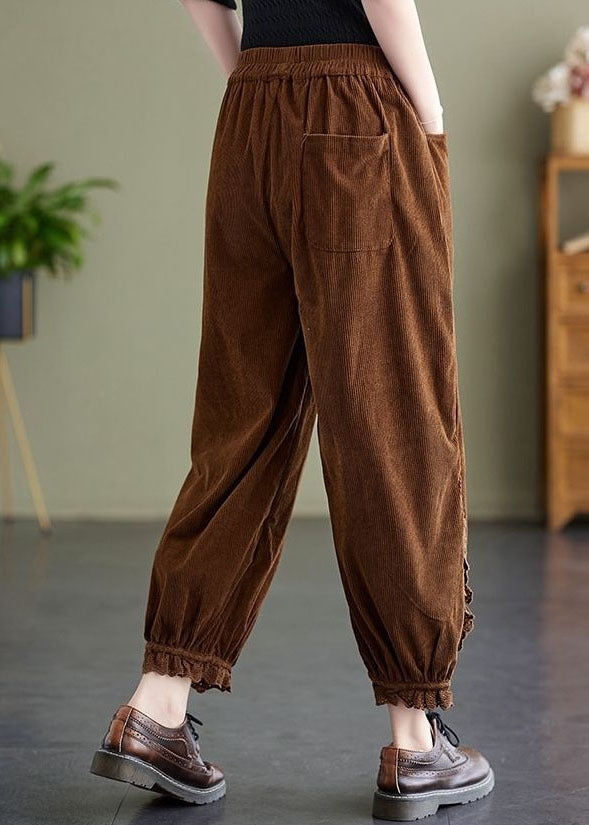 Coffee Patchwork Lace Warm Fleece Corduroy Harem Pants Embroideried Oversized Spring