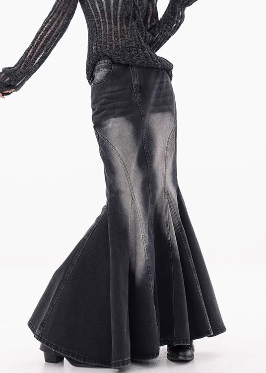 Black Pockets High Waist Denim Maxi Skirts Fall