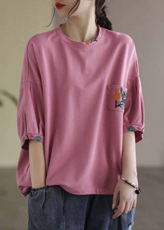 Vogue Pink O-neck Embroideried T Shirt Half Sleeve