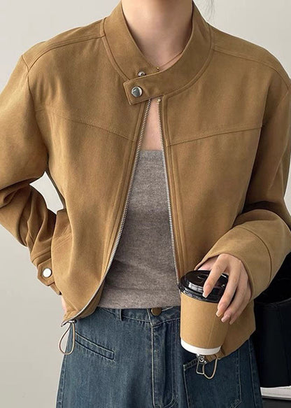 Classy Brown O-neck Zippered Button Coats Spring