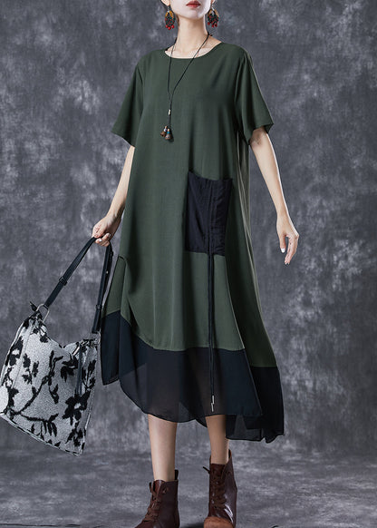 Army Green Cinched Patchwork Chiffon Maxi Dresses Summer