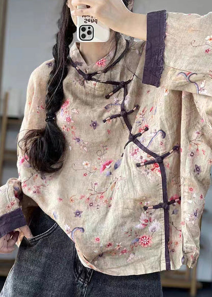 Loose Gray Bamboo Button Print Patchwork Cotton Shirts Long Sleeve