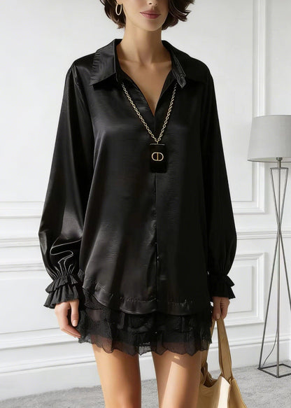 Black Peter Pan Collar Lace Patchwork Silk Shirt Tops Spring