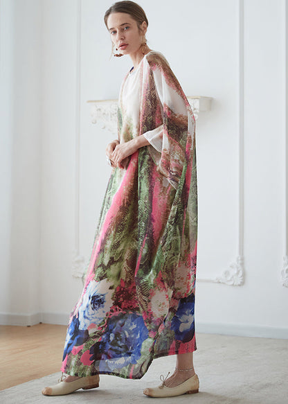 O Neck Print Chiffon Vacation Long Dresses Batwing Sleeve Summer