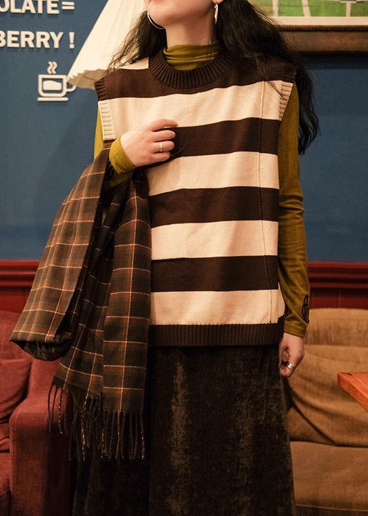 Pullover Chocolate Striped Knit Top Silhouette O Neck Sleeveless Knit Tops