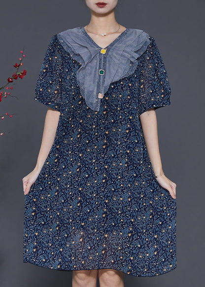 Navy Peter Pan Collar Print Chiffon Maxi Dresses Summer