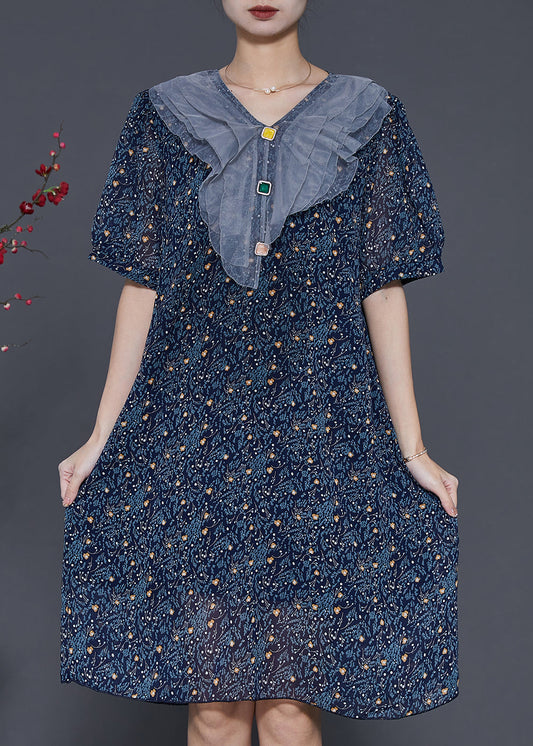 Navy Peter Pan Collar Print Chiffon Maxi Dresses Summer