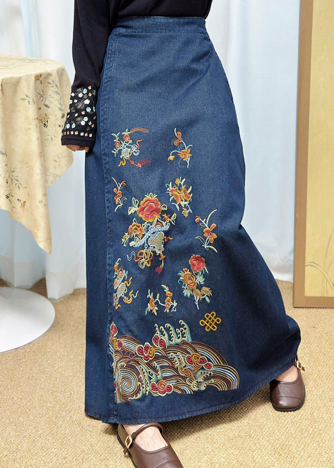 Blue Embroidered Denim a Line Skirt Summer