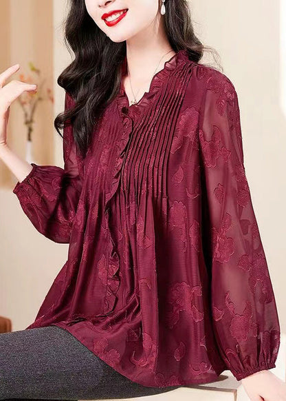 Red V Neck Ruffled Chiffon Shirt Long Sleeve