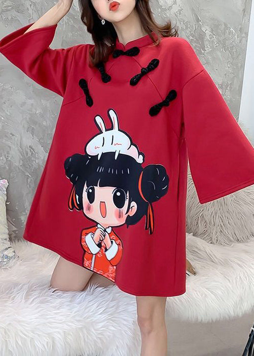 Red Stand Collar Print Warm Fleece Mid Dress Fall
