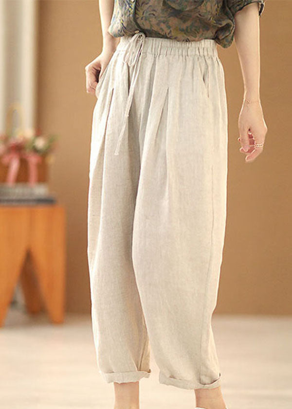 Simple Linen Color Elastic Waist Drawstring Pockets Color Linen Harem Pants Summer