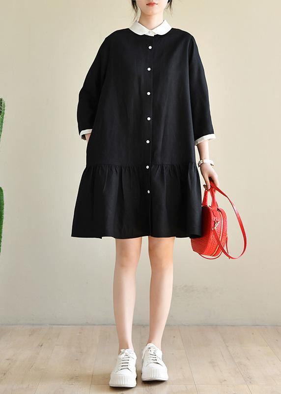 Black Long Sleeve Peter Pan Collar Patchwork Spring Cotton Dress