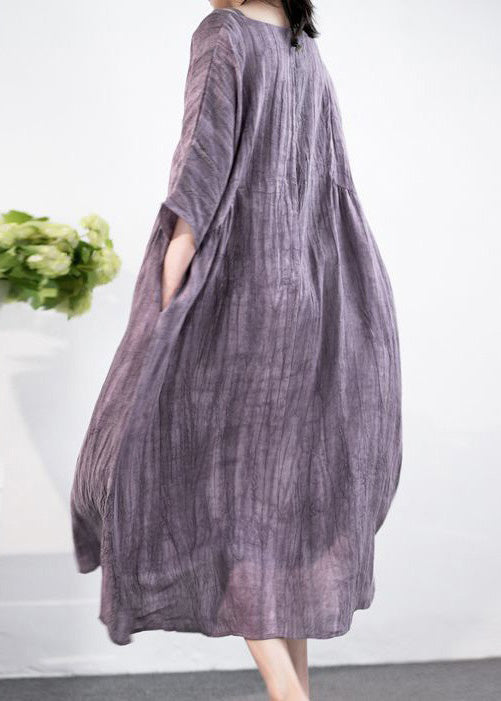 Purple O Neck Pockets Cotton Long Dress Half Sleeve