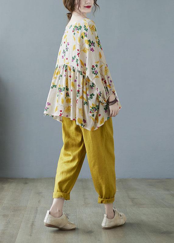 Yellow Ruffles Print Batwing Sleeve Cotton Linen Top