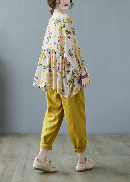 Yellow Ruffles Print Batwing Sleeve Cotton Linen Top