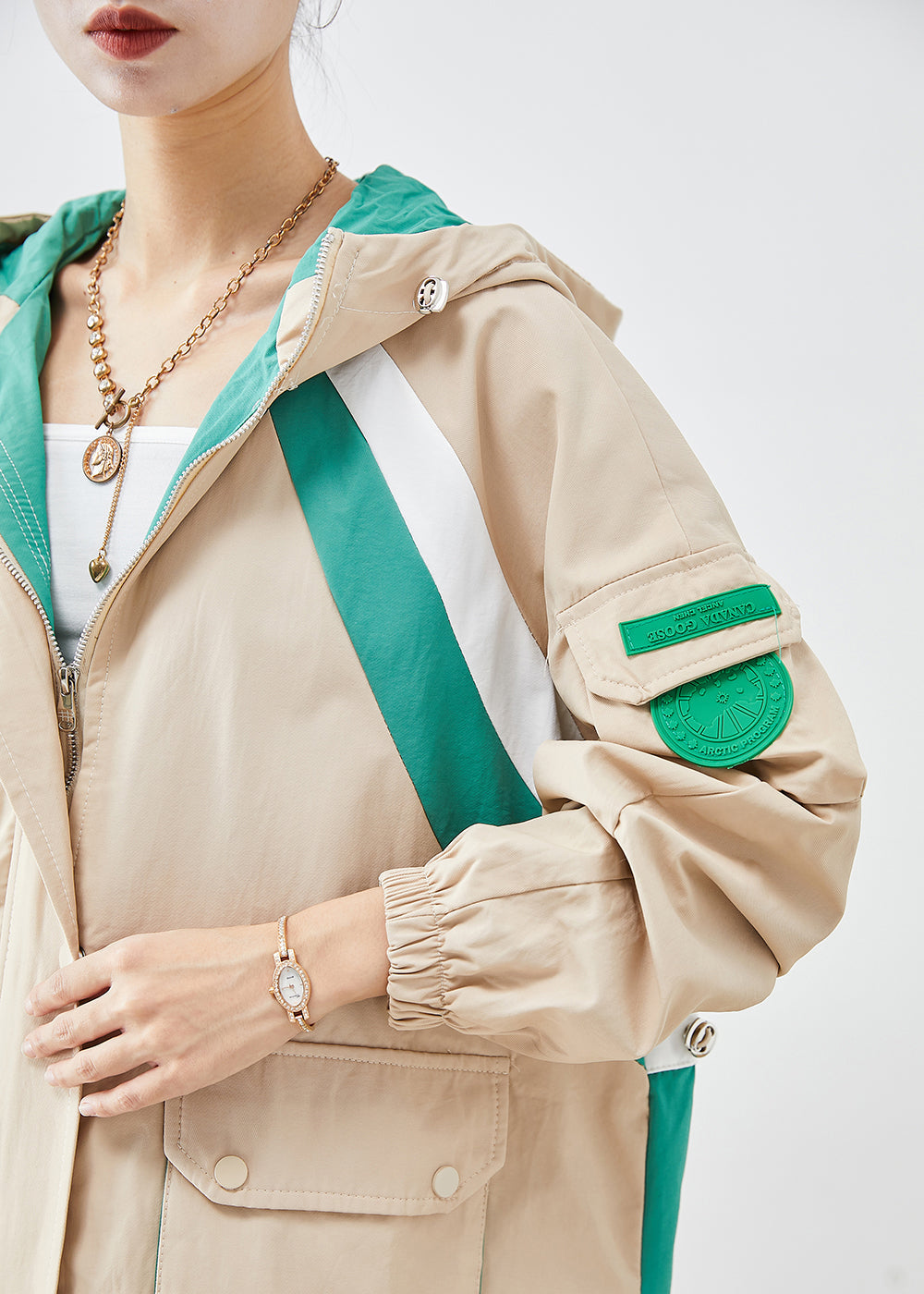 Khaki Oversized Patchwork Applique Cotton Jacket Fall