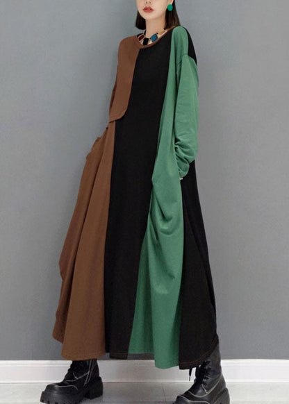 Diy Green O-neck Pockets Asymmetrical Patchwork Long Dresses Spring