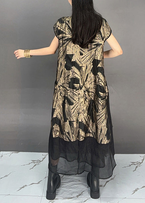 Gold Stand Collar Print Patchwork Cottondresses Summer