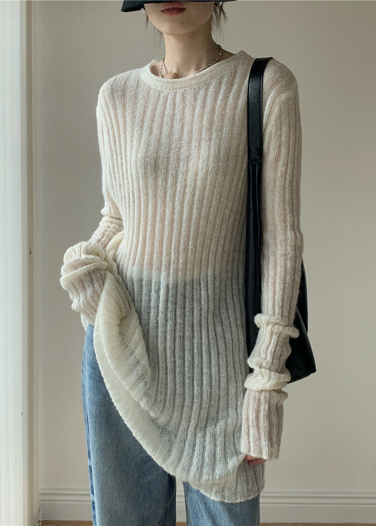 Simple White O-neck Thin Knit Sweater Dress Fall