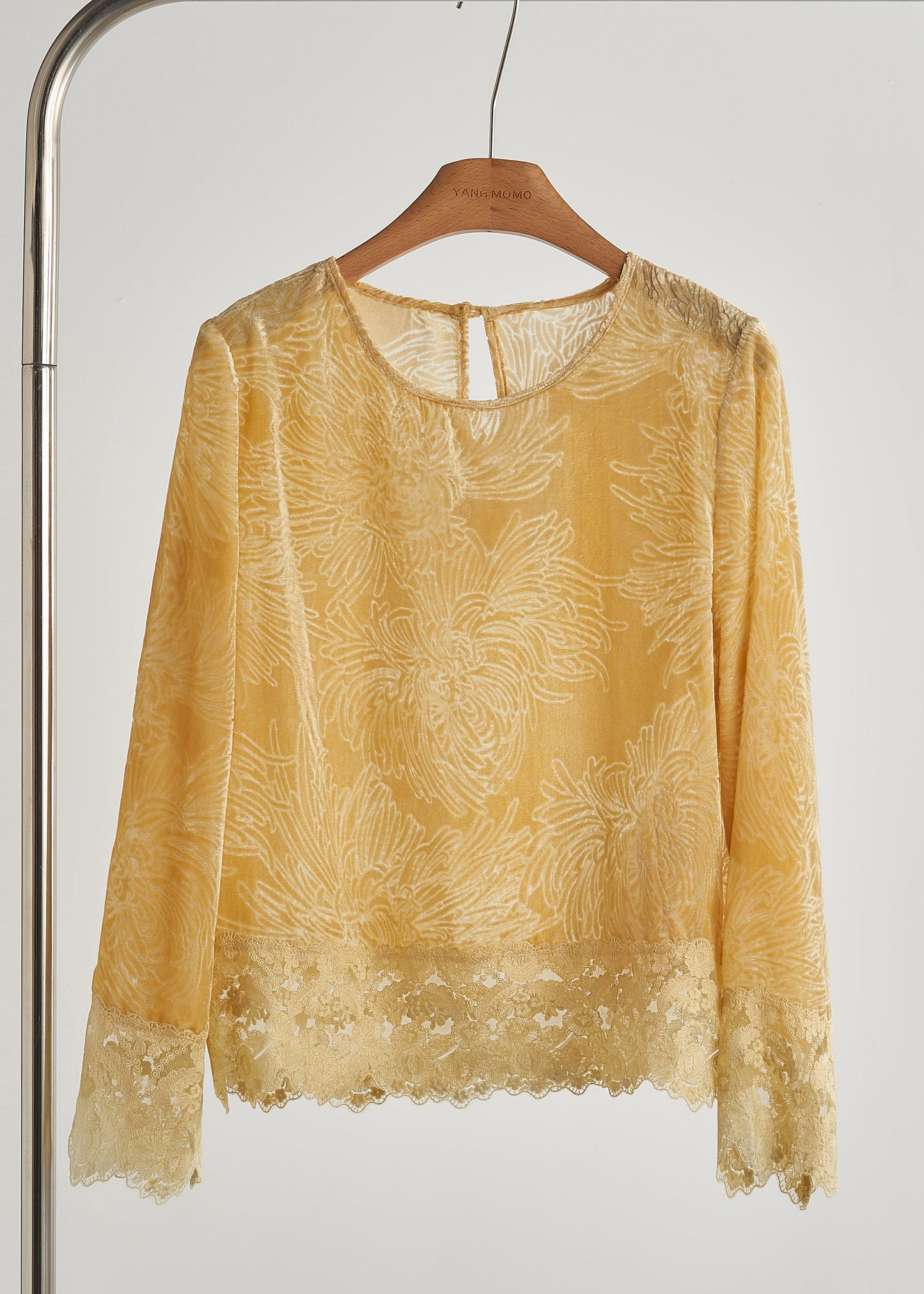Yellow Oversized Lace Patchwork Silk Velour Shirt Tops Fall
