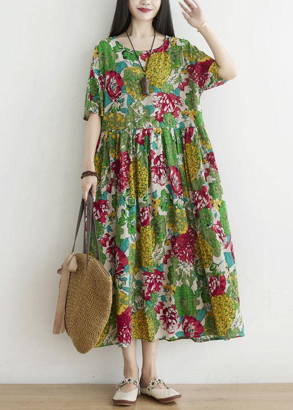 Green O-neck Patchwork Print Fall Ankle Dress Half Sleeve