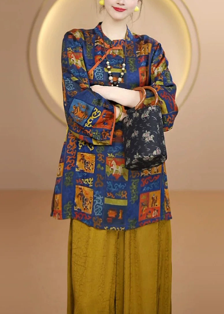 Blue Print Chinese Button Silk Shirt Top Fall