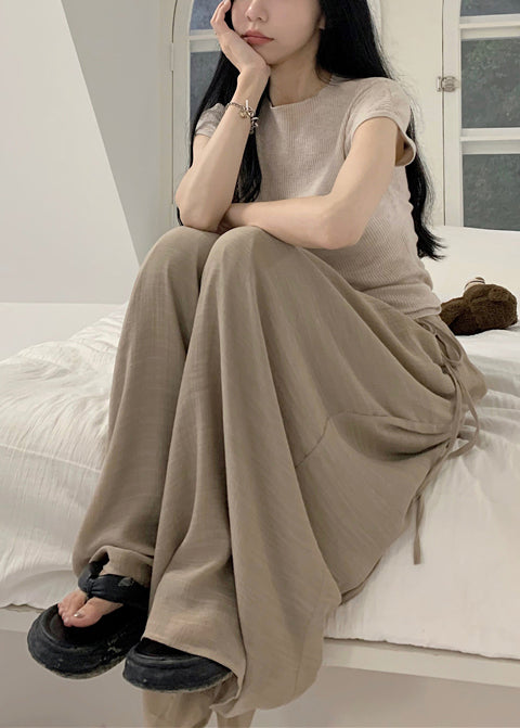 Khaki Silm Fit Tops and Wide Leg Pants Two Pieces Set Summer