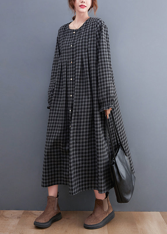 Grey Plaid O-neck Button Maxi Dresses Long Sleeve
