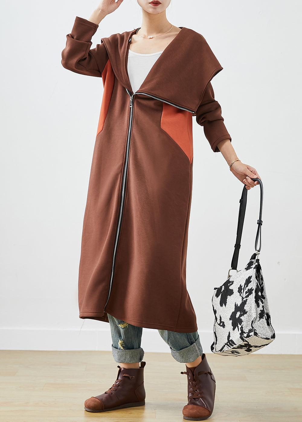 Chocolate Hooded Asymmetrical Patchwork Cotton Coat Fall