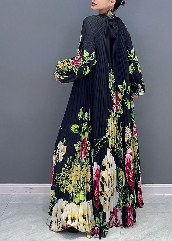 Black O-neck Print Wrinkled Long Dress Long Sleeve