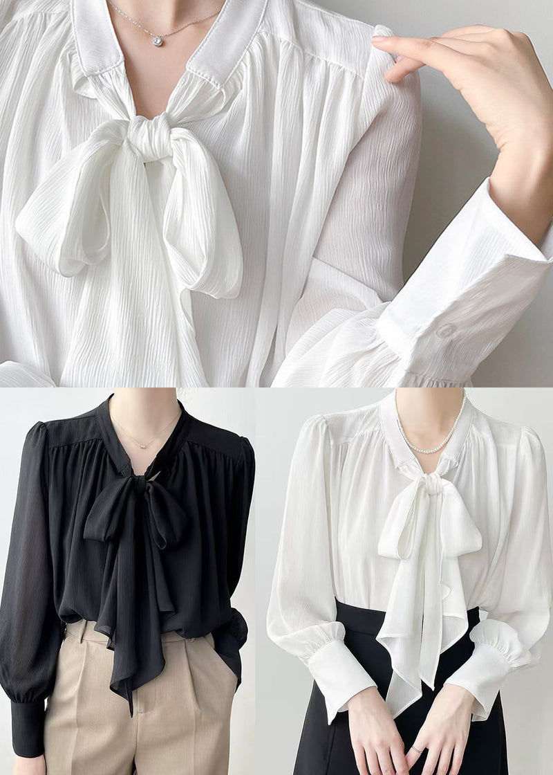 Classy Black Bow Draping Chiffon Shirt Tops Spring