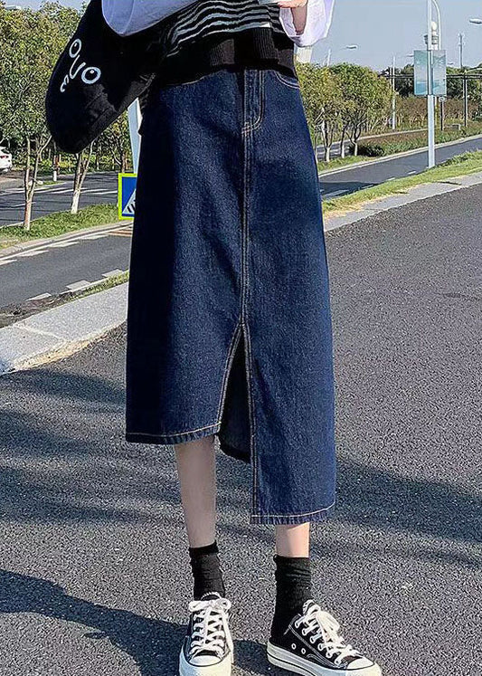 Navy Side Open Asymmetrical Pocket Cotton Denim Wraped Skirts Summer